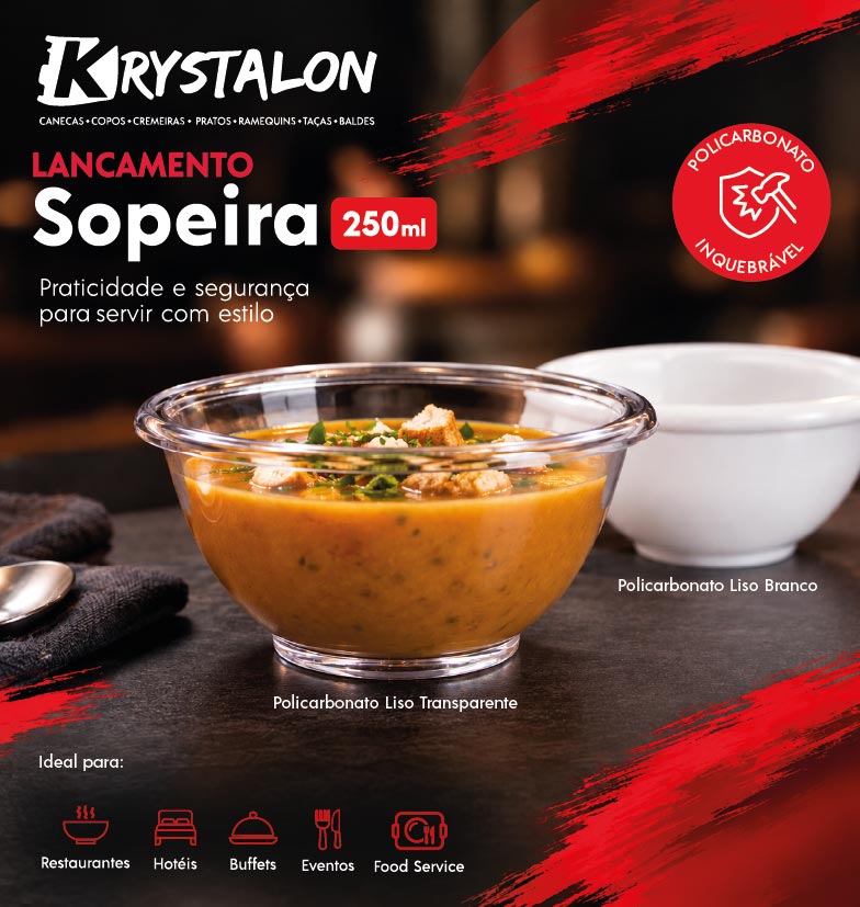 Conheça a nova sopeira de policarbonato 250 ml da KrystalON: resistente, elegante e ideal para servir sopas, caldos, cremes e muito mais.